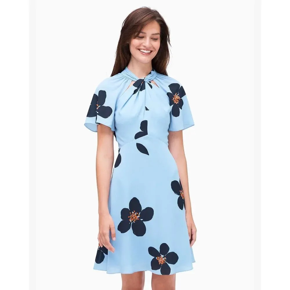 Kate Spade Grand Flora Twist Neck Dress Blue Floral Size 6 - Picture 1 of 6